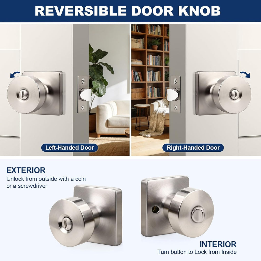 Orger 6 Pack Brushed Nickel Door Knobs Interior, Zinc-Alloy Keyless Silver Door Knob with Lock, Heavy Duty Privacy Square Door Knob for Bathroom and Bedroom