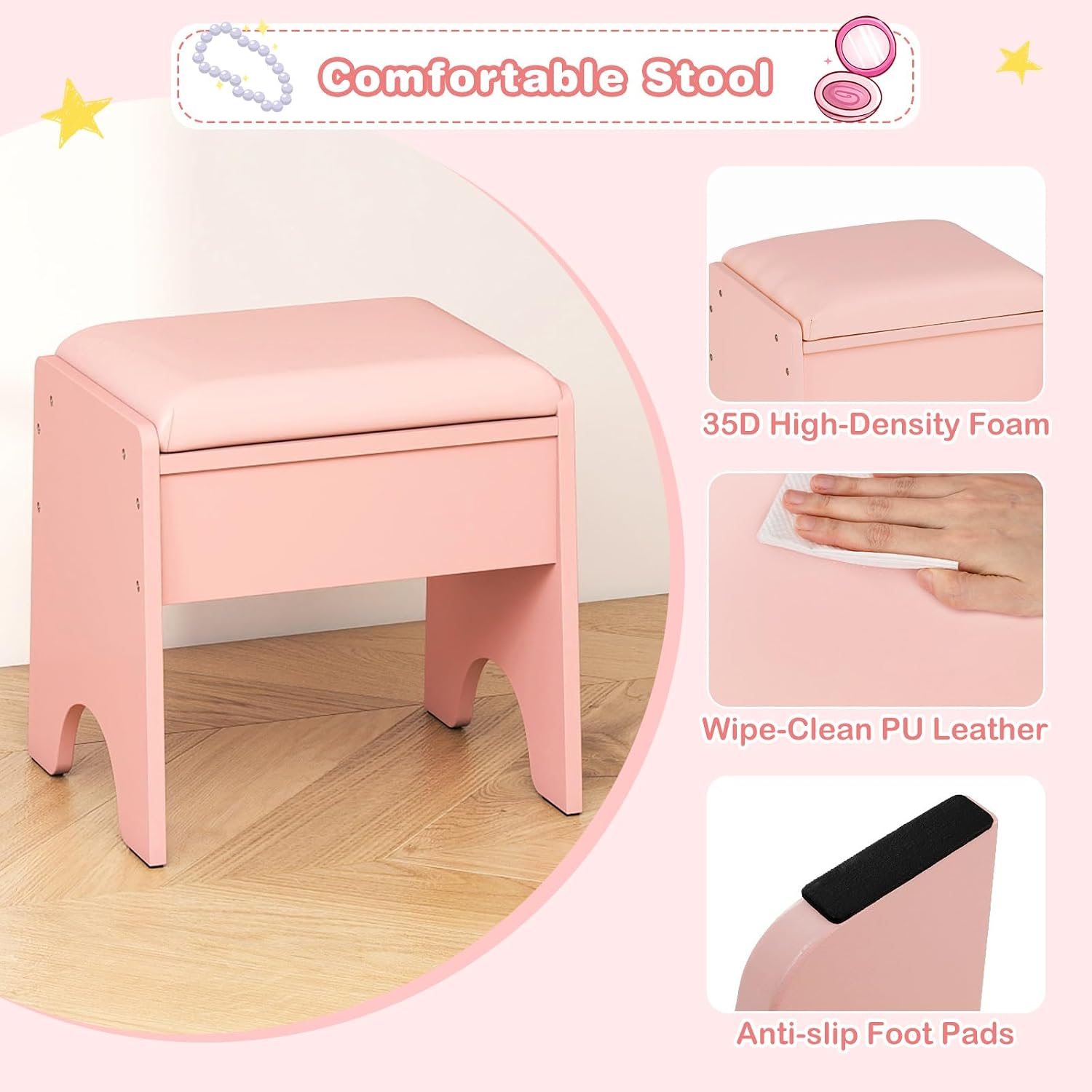 INFANS Kids Vanity with Lights, Princess Makeup Desk with Mirror Storage Shelves, Toddler Table and Chair Set Pretend Play for Girls Aged 4-9