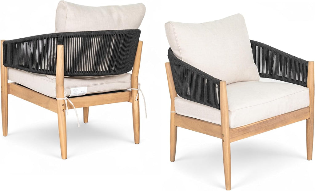 Christopher Knight Home Naomi Set of 2 Patio Acacia Wood Club Chair with Cushions, Handwoven Rope Lounge Chair Outdoor for Porch/Backyard, Stylish Garden Seating with Curved Backrest, Beige + Black