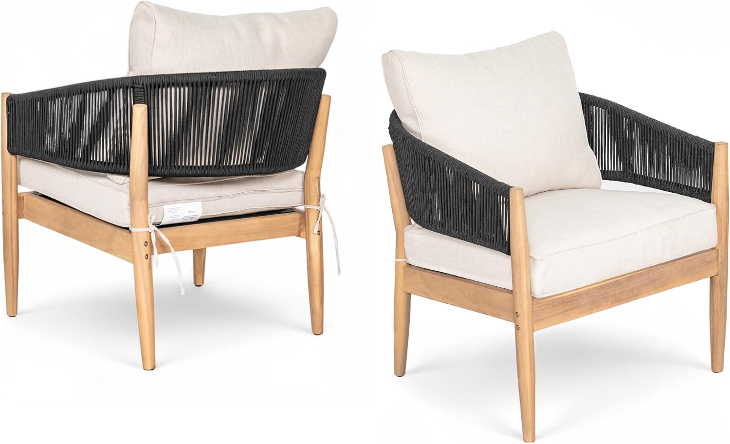 Christopher Knight Home Naomi Set of 2 Patio Acacia Wood Club Chair with Cushions, Handwoven Rope Lounge Chair Outdoor for Porch/Backyard, Stylish Garden Seating with Curved Backrest, Beige + Black