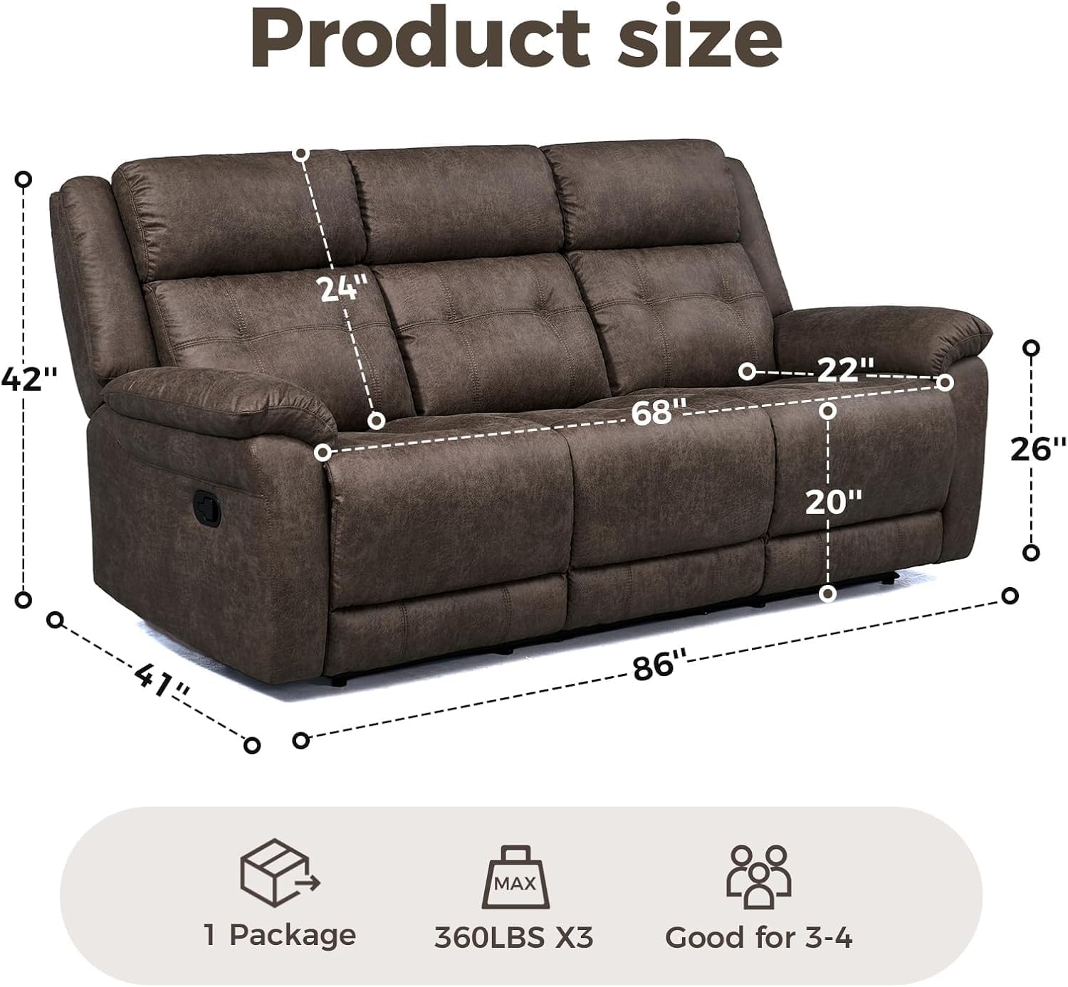 Oversized Manual Recliner Sofa, 86' Extra Wide 3 Seater Reclining Couch for Living Room, Dual Pull Handle Recliners, Upright Middle Seat, One-Piece Design No Assembly Required, Performance Fabric