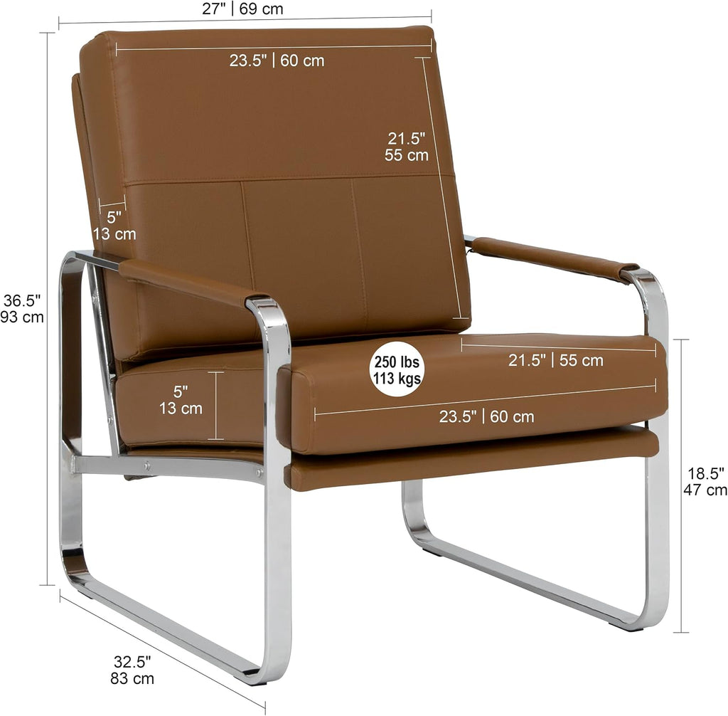 Studio Designs Home Allure Modern Accent Chair in Blended Leather, Chrome/Caramel