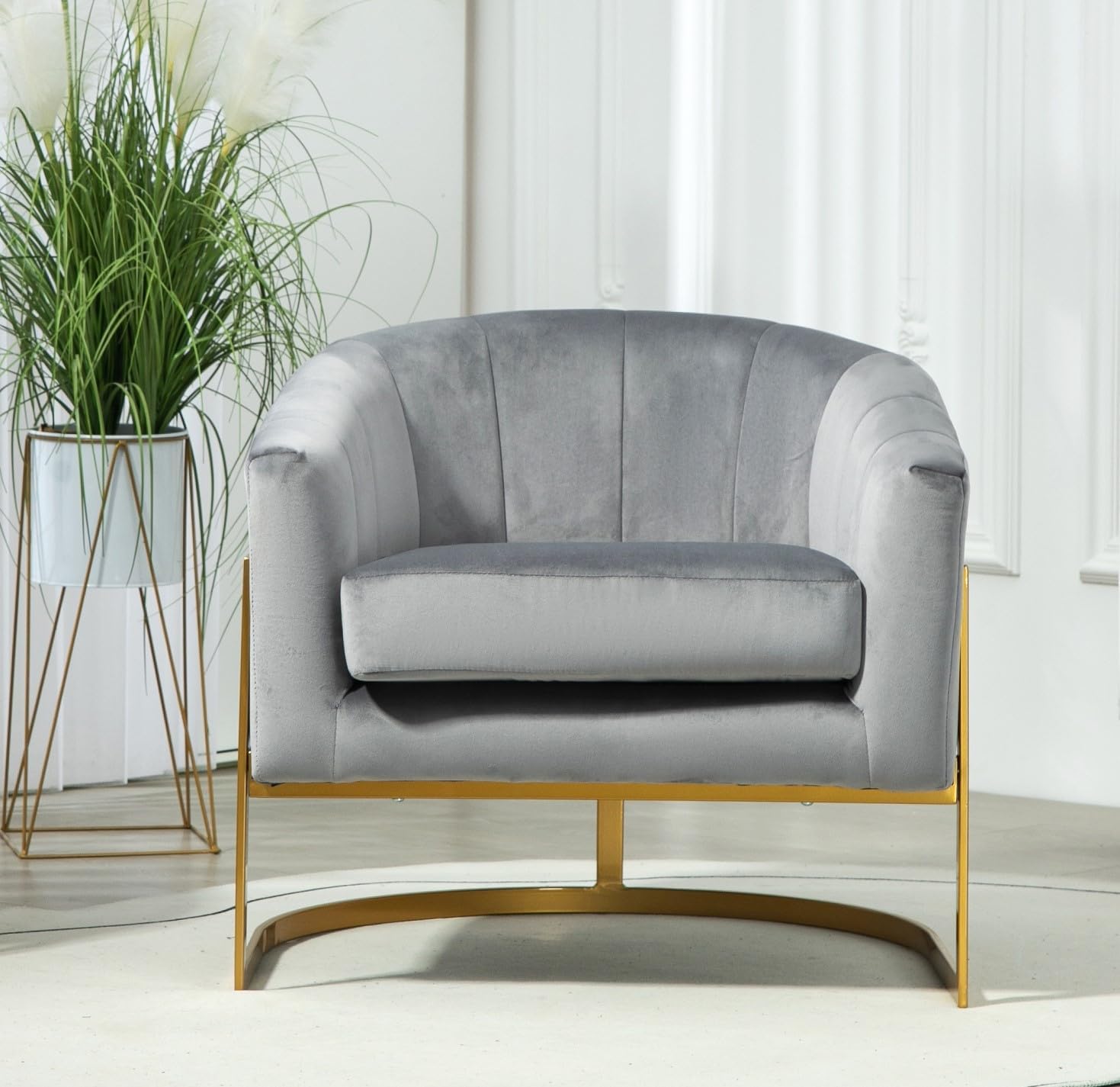 Container Furniture Direct Velvet Modern Accent Armchair - Luxury Gold Frame | Versatile Seating for Living Room, Bedroom, Office, Grey