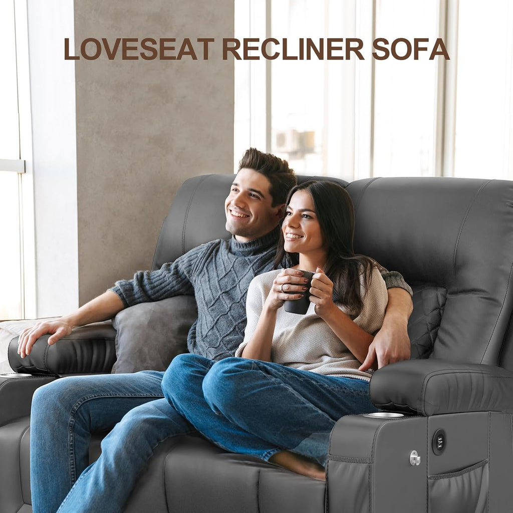 FURNIMAT Loveseat Recliner Sofa, 2 Seater Reclining Loveseat Sofa, PU Leather RV Loveseat Couch, Modern Recliner Chair for Living Room, with Cup Holder and 2 Cell Phone Holder, USB Ports, Gray