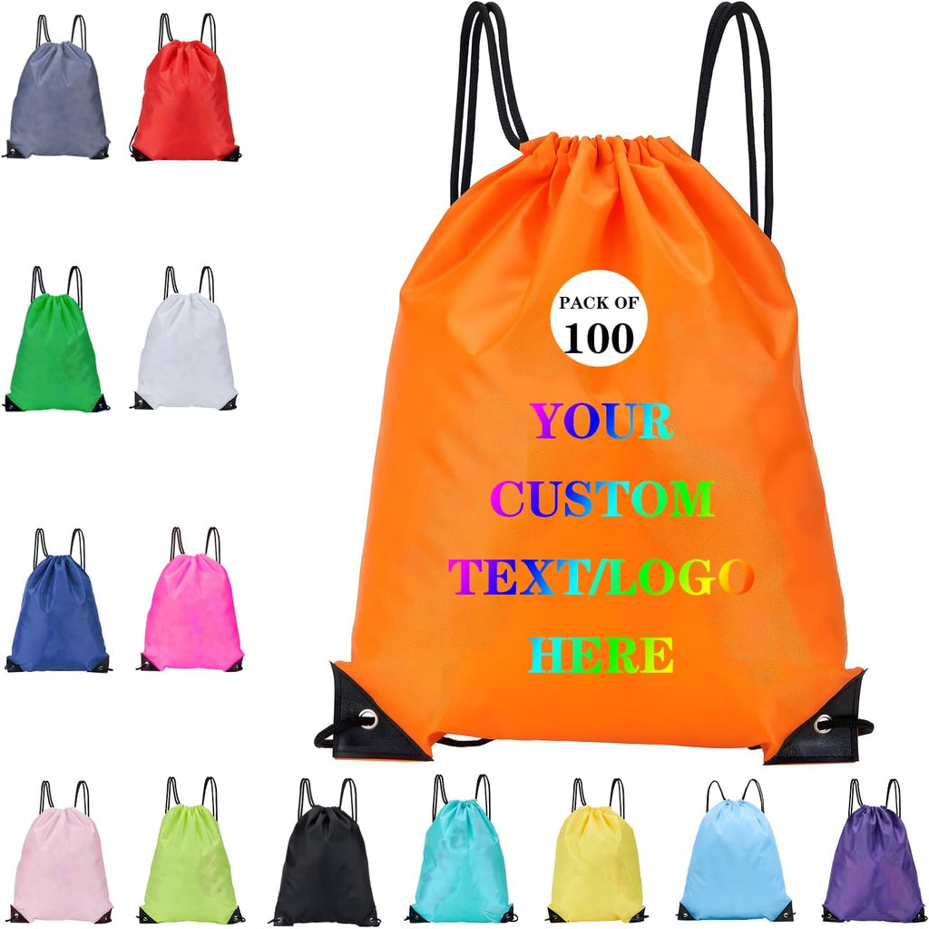 Custom Bags With Your Logo Set of 100 Custom Backpack Draw String Bags Pack Bulk for Travelling Swimming Gym Everyday Use (Orange)