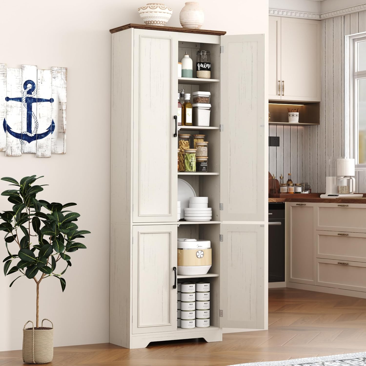 Function Home Farmhouse Kitchen Pantry Cabinet, 72' Tall Storage Cabinet with Doors and Adjustable Shelves, 6 Tier Freestanding Cupboard for Dining Room Living Room Bathroom, Antique White & Brown Top