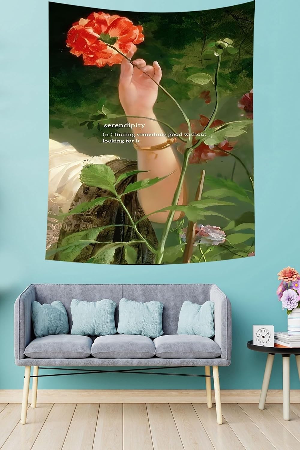 Tapestry Wall Hanging Flower Holding Hand Theme Stain Resistant Fabric Wall Art 70x70cm Modern Home Decor Dorm Room Aesthetic Green and Orange - Green-Orange, 28x39 inch