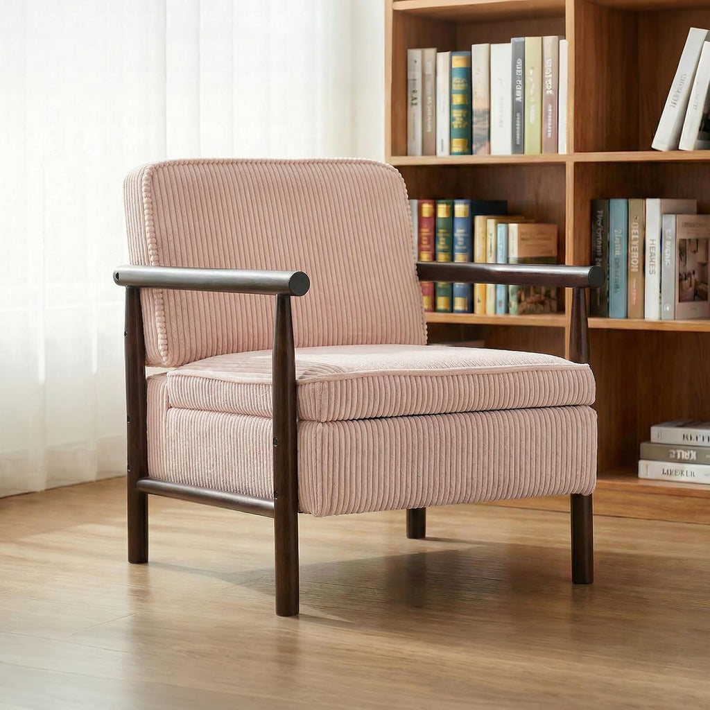 Accent Chair with Hidden Storage, Mid-Century Upholstered Armchair with Solid Wood Frame, Corduroy Fabric Accent Chair for Living Room, Bedroom, and Reading Corner(Pink)