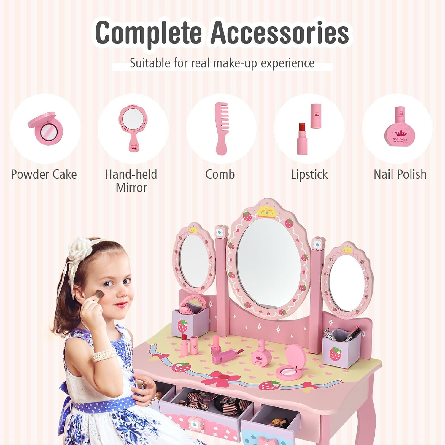 HONEY JOY Kids Vanity, Strawberry Princess Wooden Makeup Dressing Table & Chair Set w/Real Glass Tri-Fold Oval Mirror & Accessories, Detachable Top, Pretend Play Vanity Set for Little Girls(Pink)