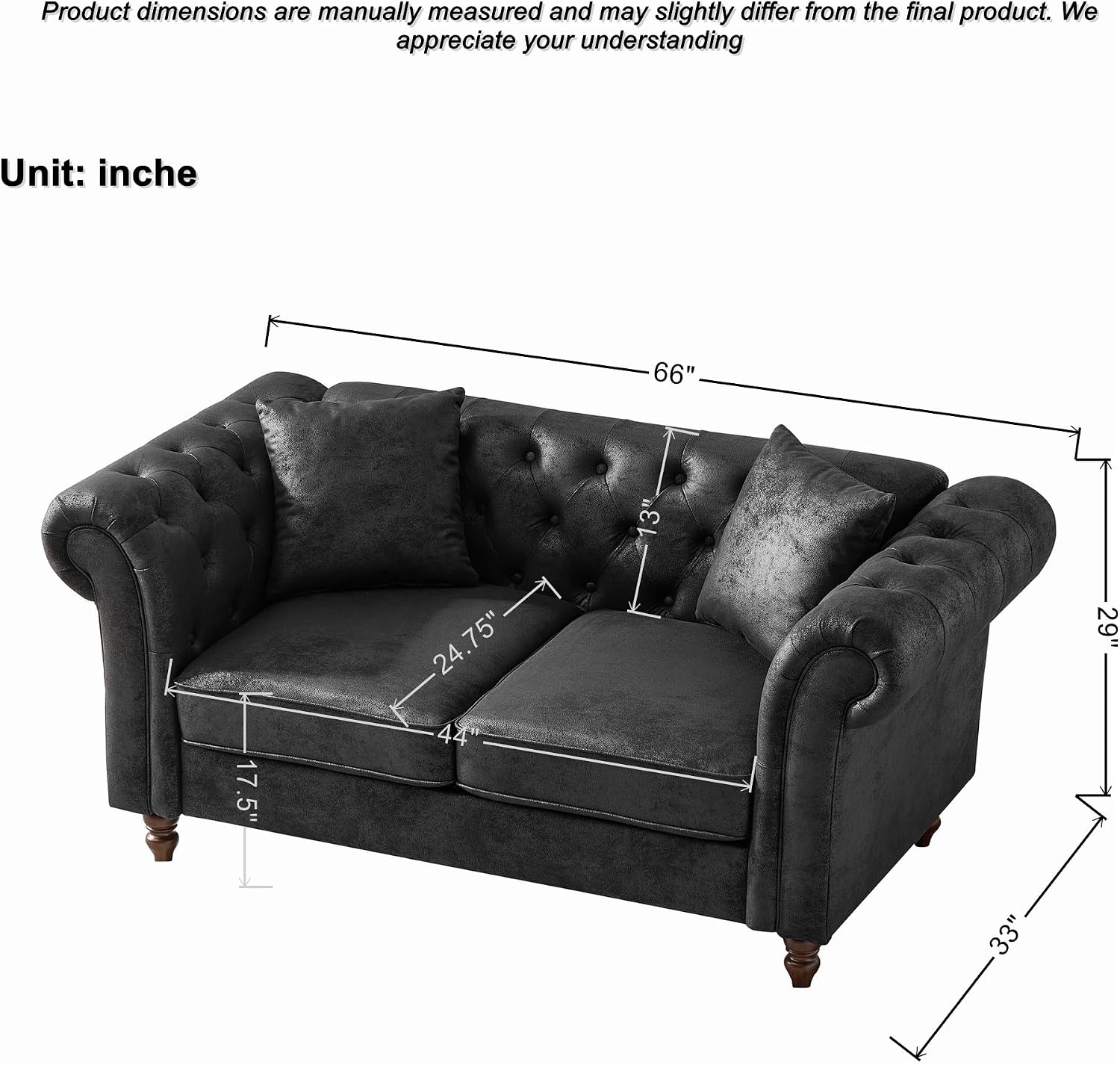 GDFStudio 66' Chesterfield Tech Loveseat Sofa Couch, Mid Century Modern 2 Seat Sofa & Couches with Pillows, Roll Armrest Upholstered Couch for Living Room Apartment Office Home Seating, Black