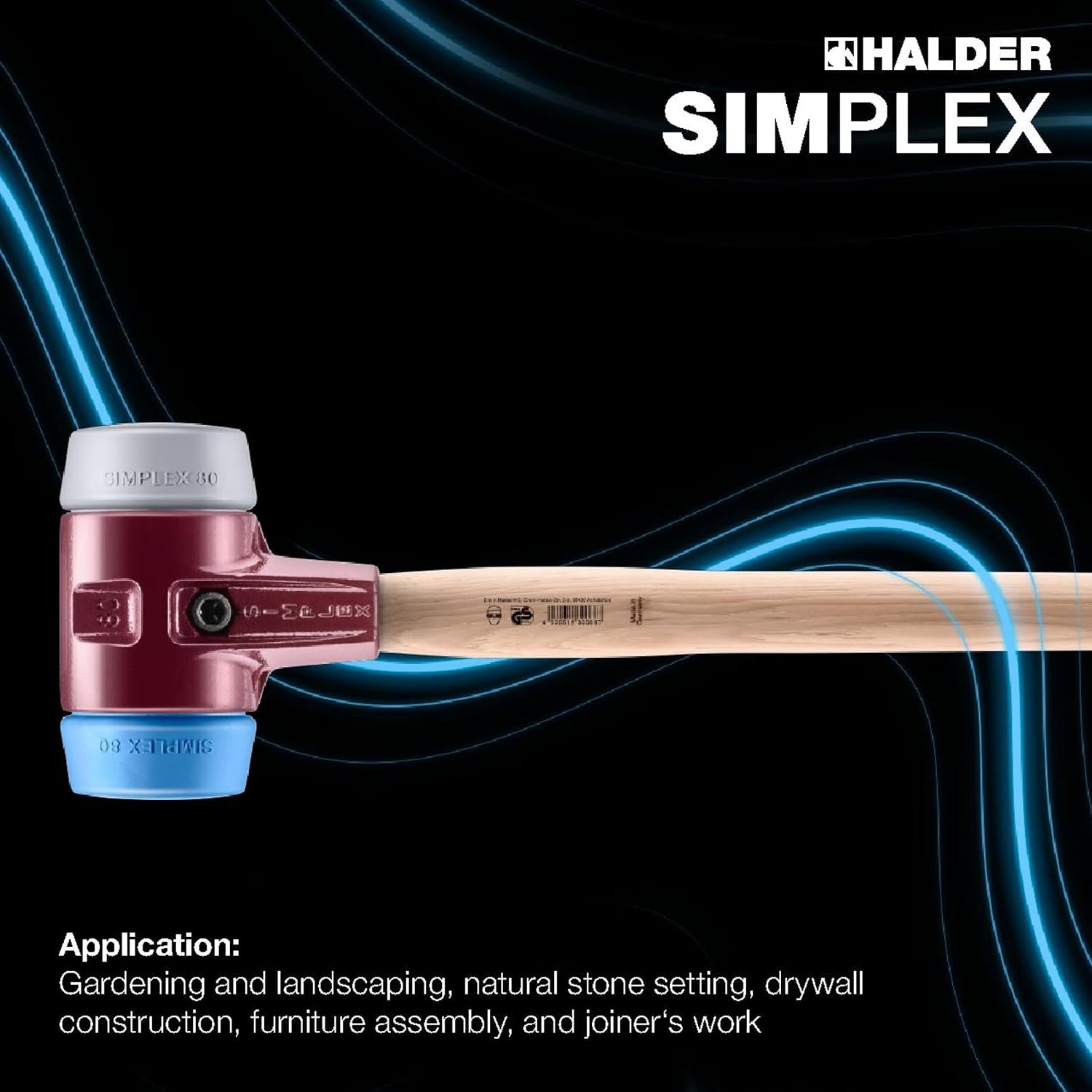 Halder Simplex Sledgehammer 80mm – Dual Faces, TPE-Soft & TPE-Mid Inserts, Cast Iron Housing with Protection Sleeve, Hickory Handle, Stone, Masonry & Assembly – 3013.081