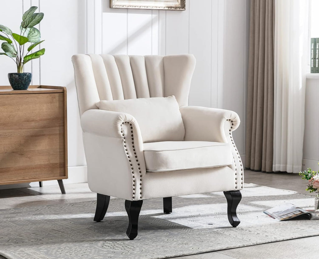 Kmax Cream Accent Chair Velvet Wingback Chair with Pillow Nail-Head Channel Tufted Oversized Club Chair for Living Room Bedroom Guest Room