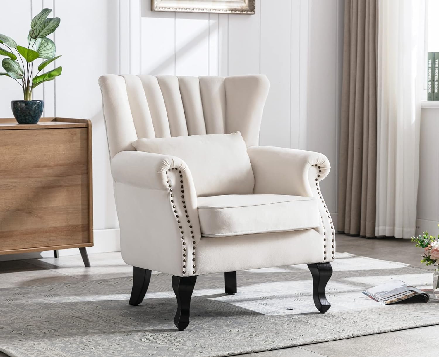 Kmax Cream Accent Chair Velvet Wingback Chair with Pillow Nail-Head Channel Tufted Oversized Club Chair for Living Room Bedroom Guest Room