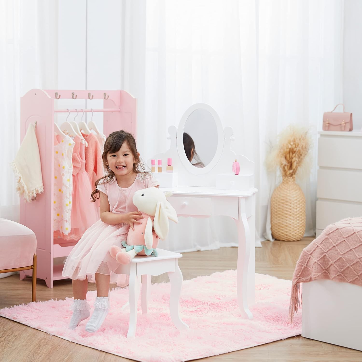 Teamson Kids Princess Rapunzel Wooden 2-pc. Play Vanity Set with Three Storage Drawers, Rotating Oval Mirror and Matching Stool to Play Dress-up, Princess or Beauty Shop, White