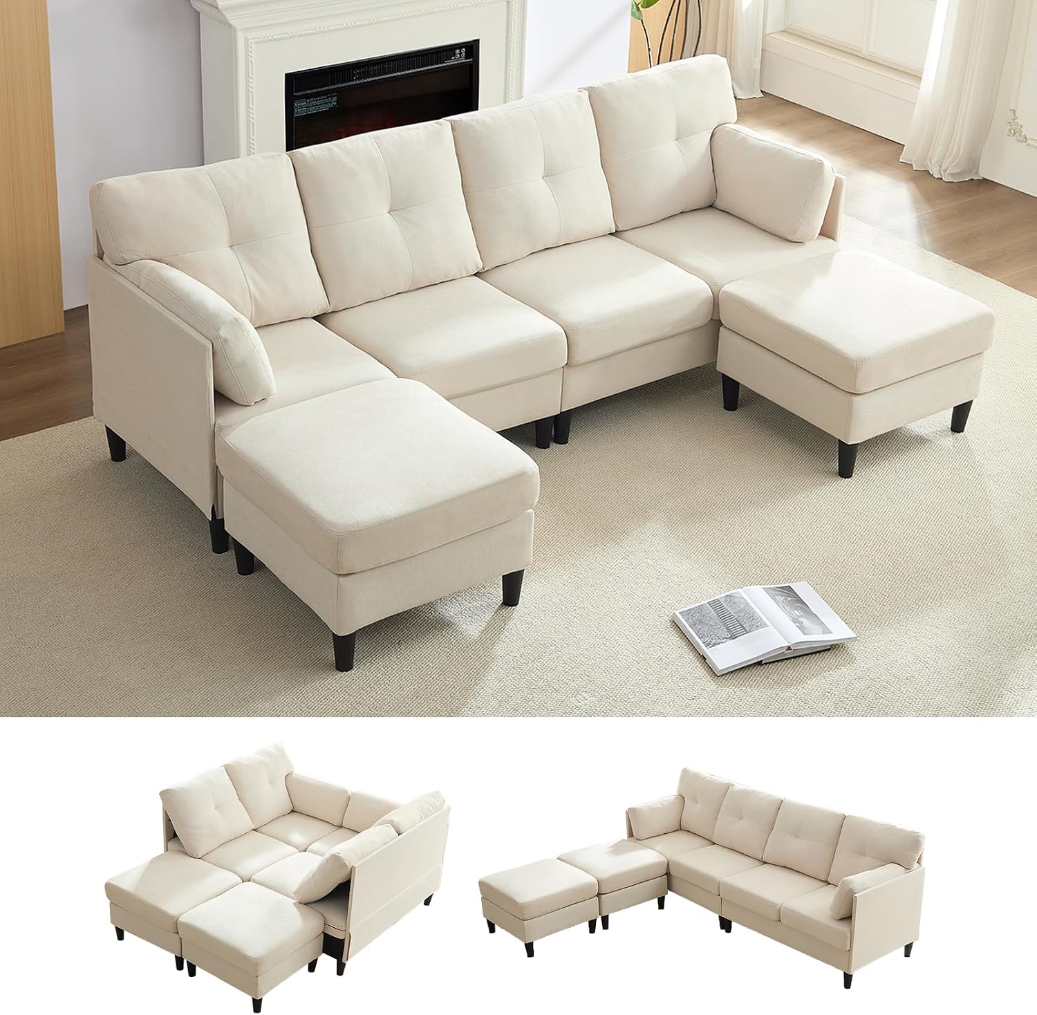 PUREMIND Sectional Home Sofa Living Room, Modern U-Shaped Sofa Couches with Double Chaise, Upholstered 4 Seater Sofa for Living Room, Apartment, Beige