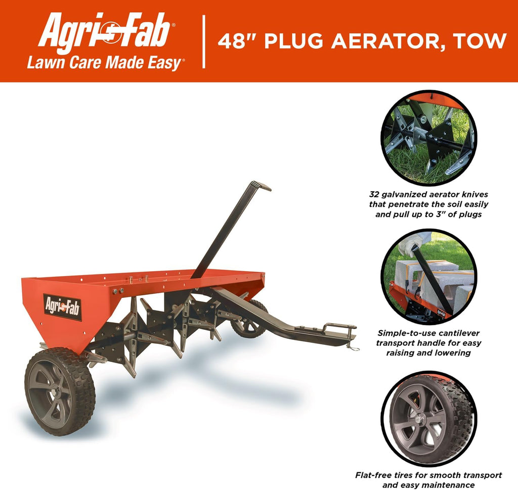 Agri-Fab 48 In Tow Behind Lawn Plug Aerator with 32 Galvanized Knives and Universal Hitch