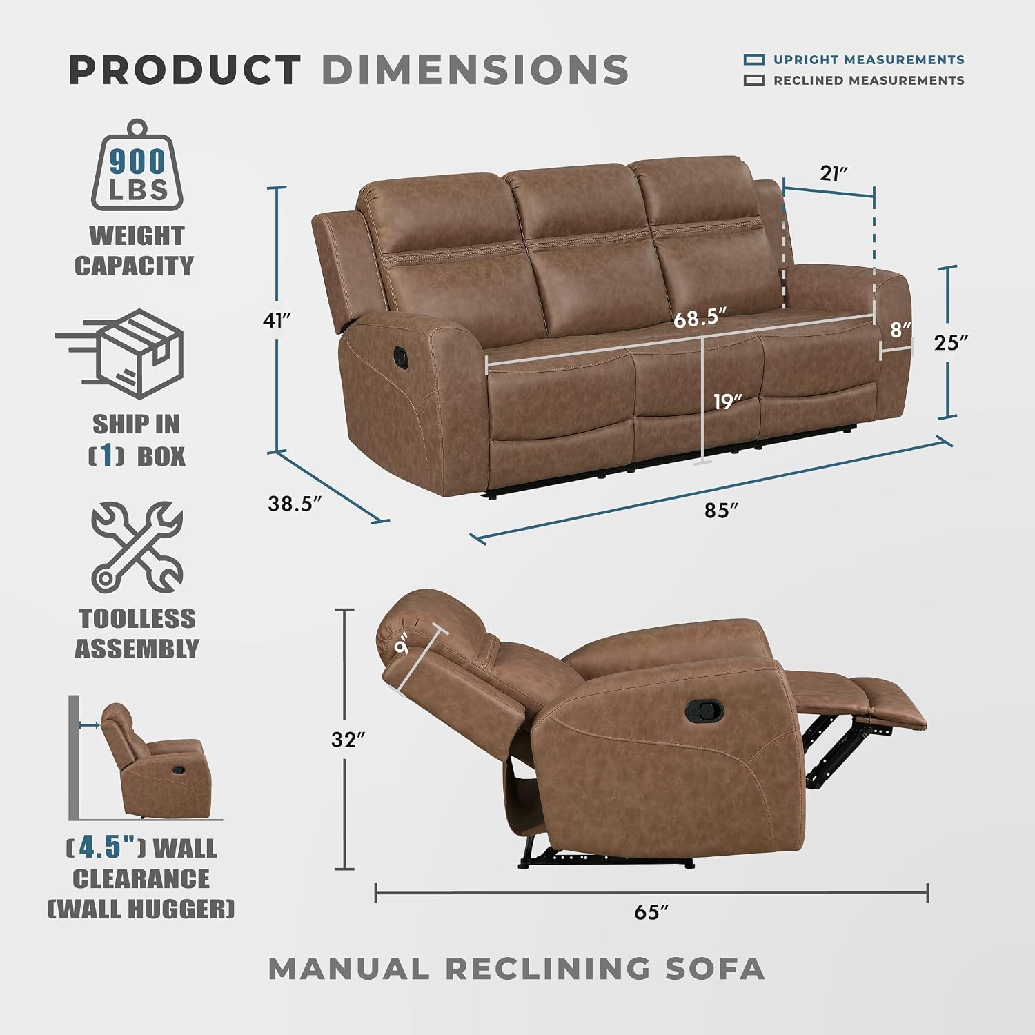 Lexicon 85' W Manual Double Reclining Sofa - Polished Microfiber Wall Hugger Manual 3 Seater Recliner Couch, Comfort Armrests, for Living Room, Home Theater, Easy Assembly, Brown