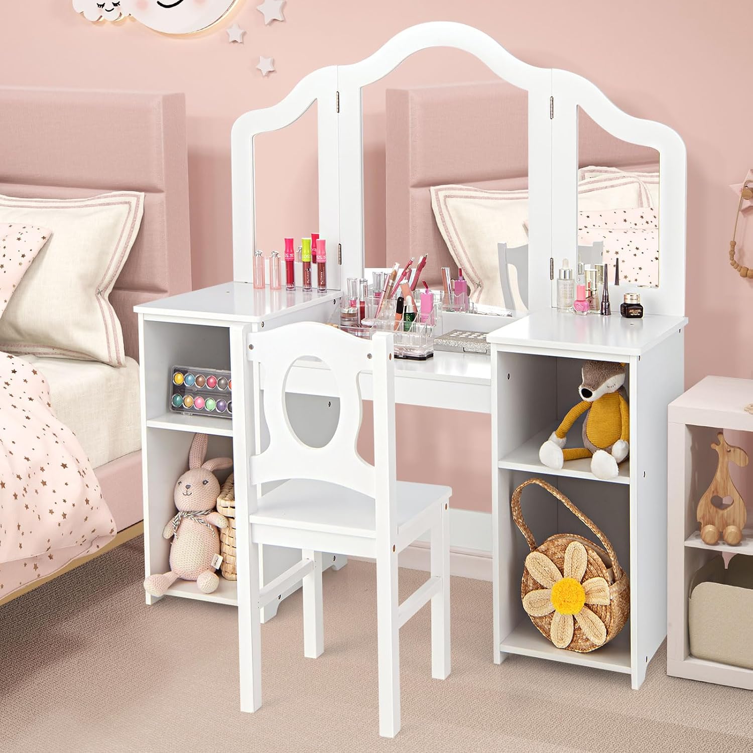 AKUSTIK Kids Vanity, 2 in 1 White Wooden Dressing Table and Chair Set for Toddlers with Tri-Folding Detachable Mirror, Storage Shelves, Pretend Princess Beauty Make Up Play Set for Little Girls
