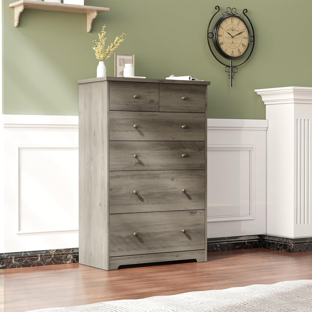 VINGLI Tall Dresser, Rustic Grey Dresser 6 Drawer Chest of Drawers, Wood Gray Dressers for Bedroom, Hallway, Home Office, 31.5' W x 15.75' D x 47.64' H