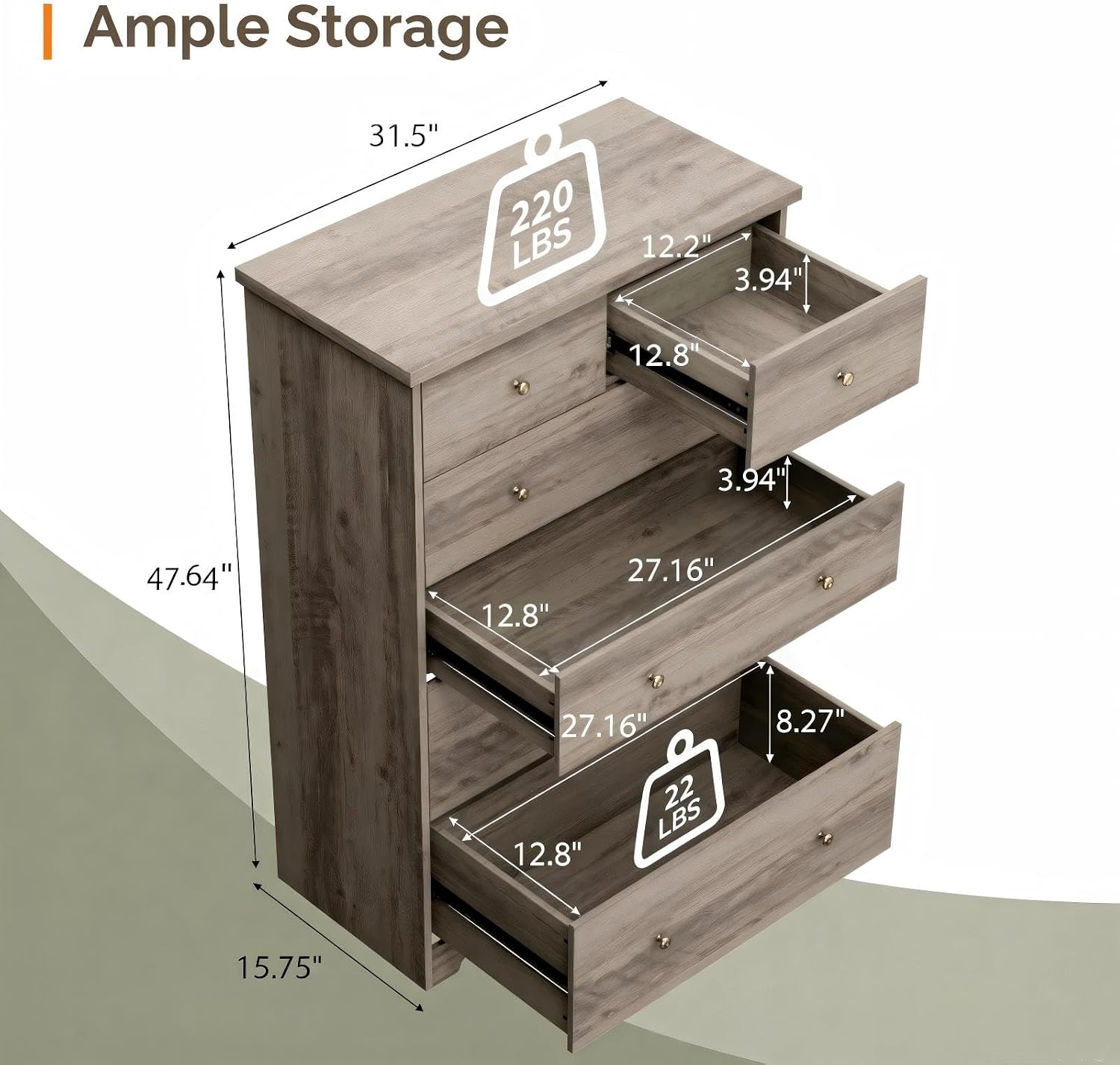 VINGLI Tall Dresser, Rustic Grey Dresser 6 Drawer Chest of Drawers, Wood Gray Dressers for Bedroom, Hallway, Home Office, 31.5' W x 15.75' D x 47.64' H