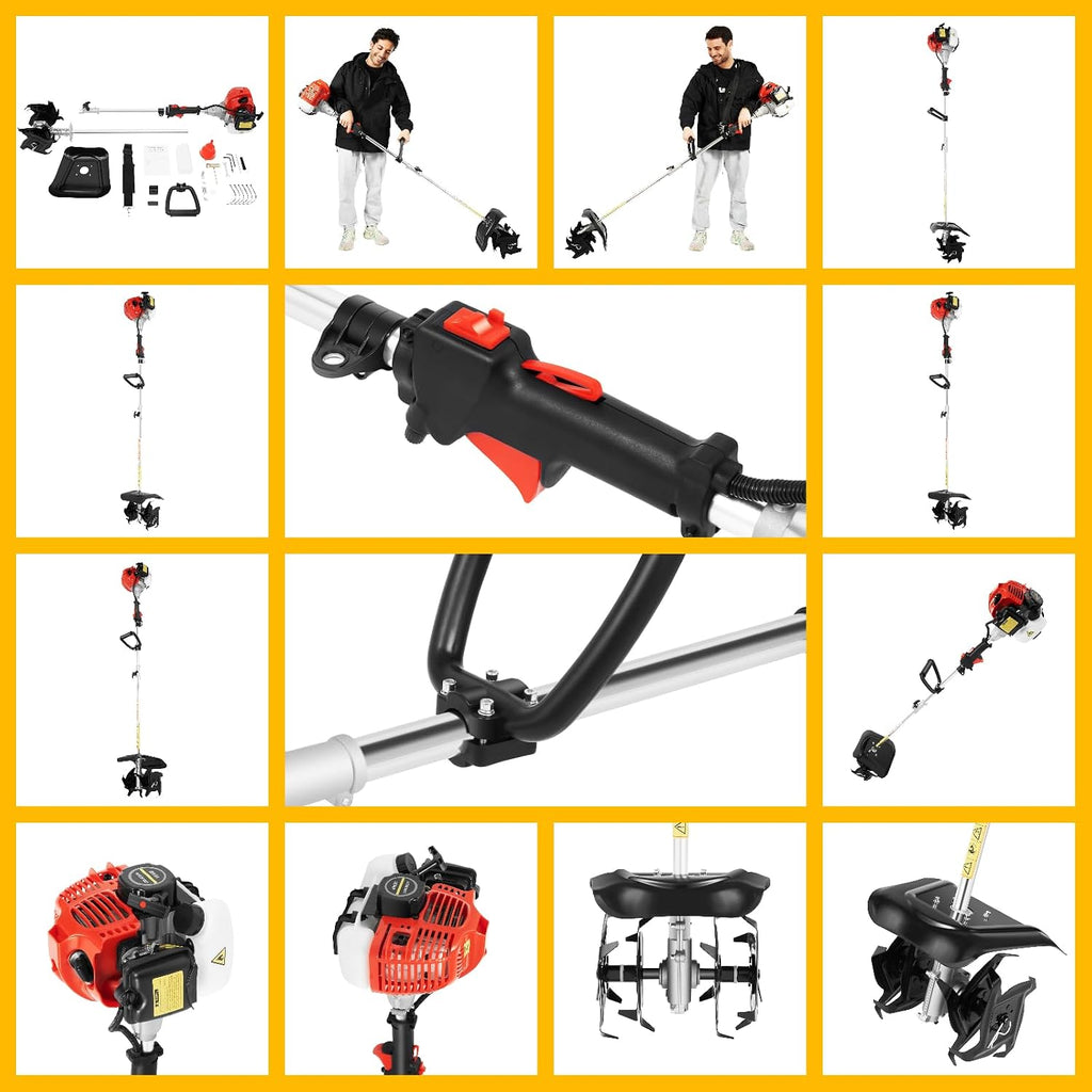 Mini Tiller Cultivator, 51.7cc 2-Stroke 1.45KW Engine, 9 in Tilling Width 3.5 in Depth Portable Gas Powered Lawn Tiller, Long Shaft Cordless Handheld Garden Cultivator for Weeding, Soil Breaking