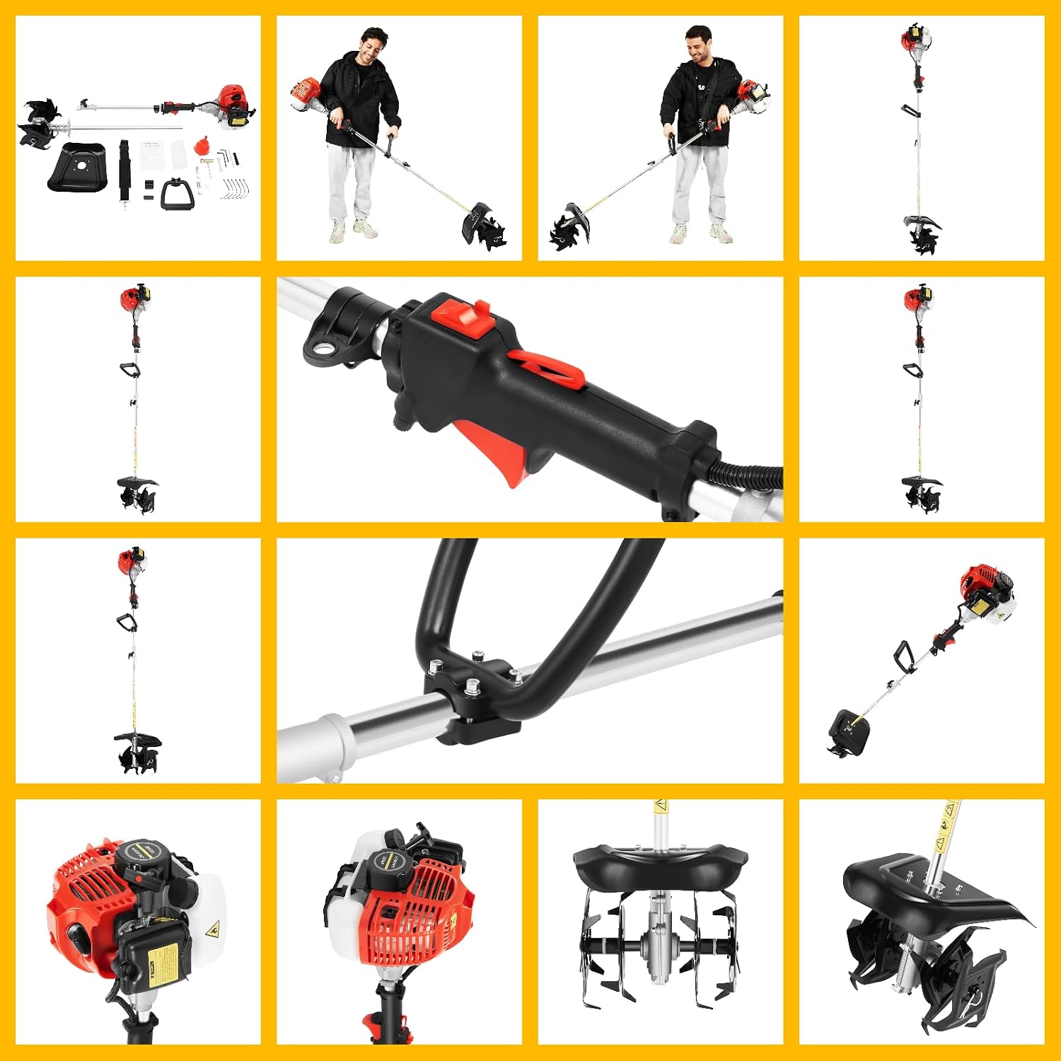 Mini Tiller Cultivator, 51.7cc 2-Stroke 1.45KW Engine, 9 in Tilling Width 3.5 in Depth Portable Gas Powered Lawn Tiller, Long Shaft Cordless Handheld Garden Cultivator for Weeding, Soil Breaking