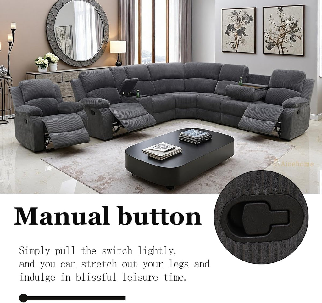 A Ainehome Furniture Sectional Couch Recliner Sofa Set with Storage, Corduroy Sofa Sets Manual Reclining Sectional Couches for Living Room with 3 Recliner Seats(Living Room Set, Dark Grey)