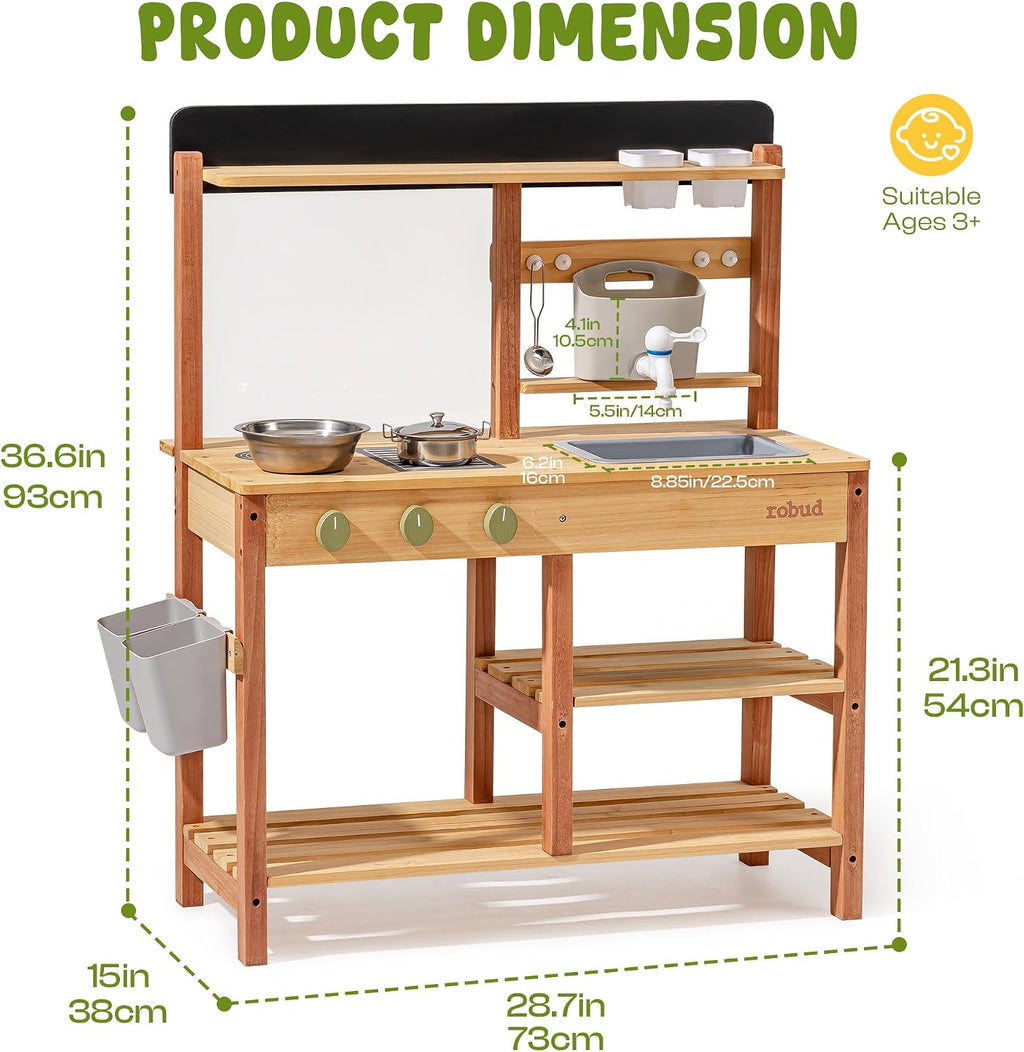 Robud Mud Kitchen, Wooden Outdoor Kitchen for Kids, Pretend Play Set with Sink, Faucet, Planting Pots, Cooking Accessories, Ideal Gift for Boys Girls Ages 3+