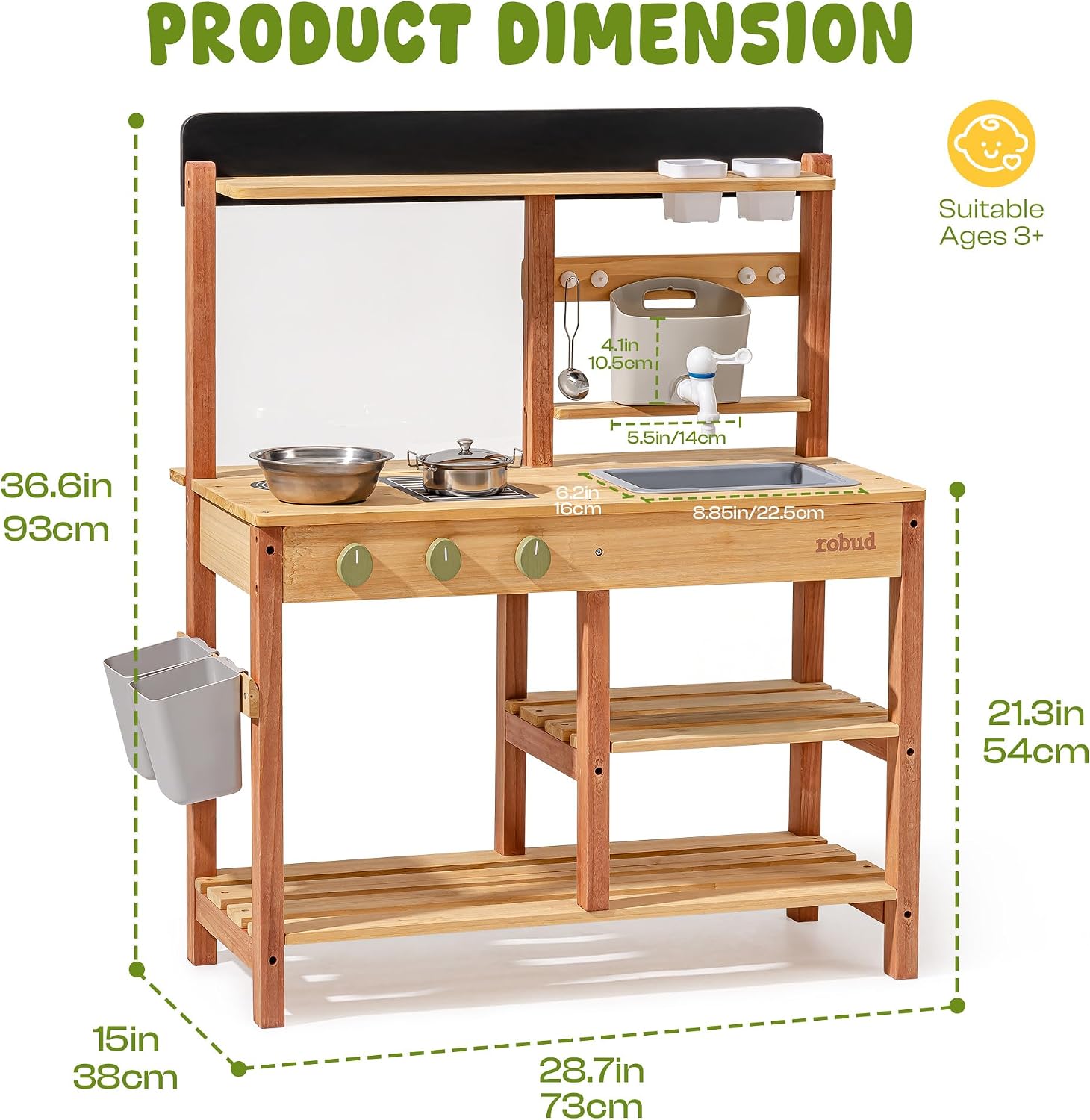Robud Mud Kitchen, Wooden Outdoor Kitchen for Kids, Pretend Play Set with Sink, Faucet, Planting Pots, Cooking Accessories, Ideal Gift for Boys Girls Ages 3+