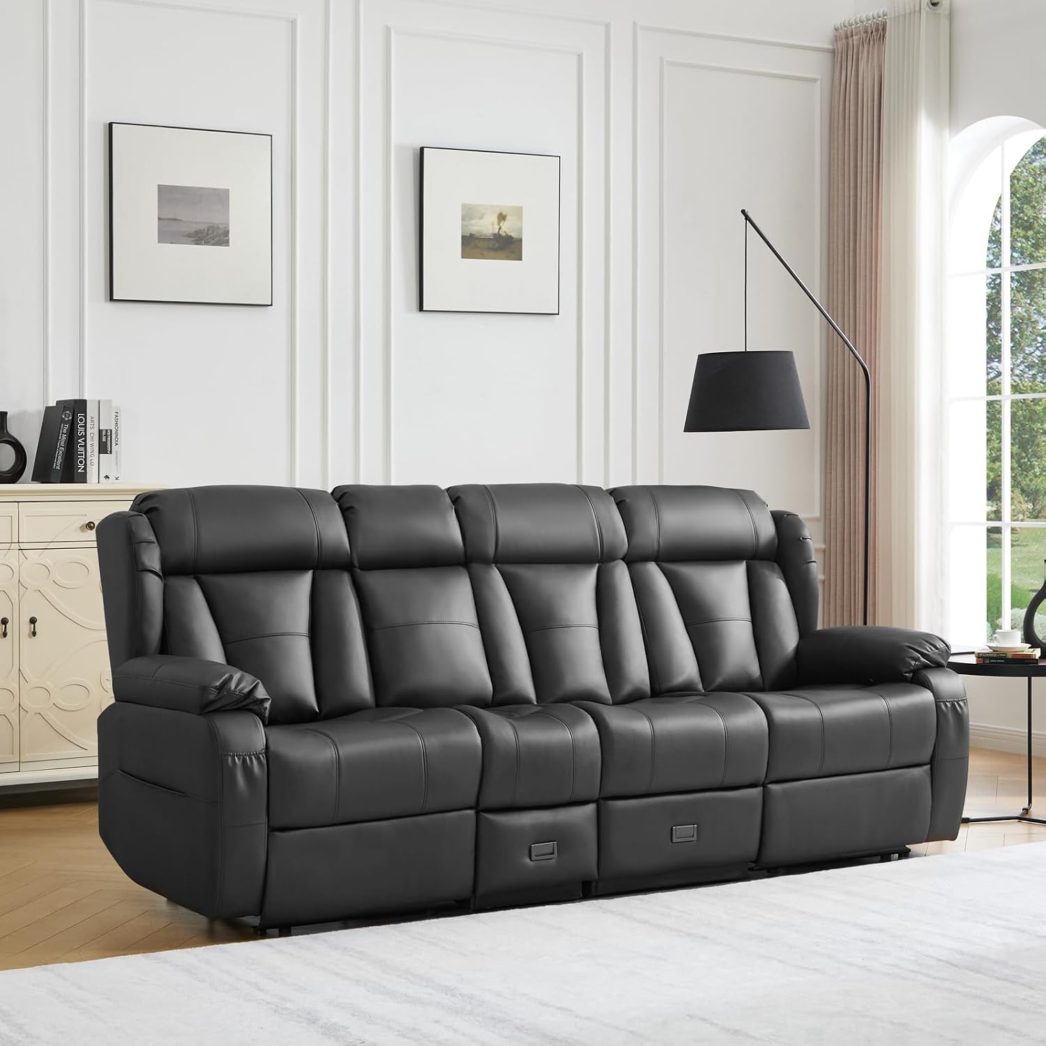 Loveseat Recliner Sofa,3 Seater RV Recliner Couch, Manual Reclining Loveseat with Console for Living Room, Home Theater Seating with AC/USB C/USB and Drawer (Black, 3 Seater + Console)