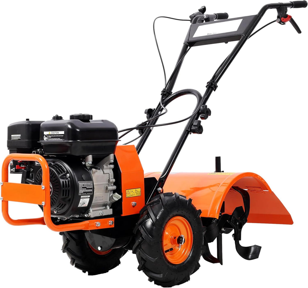 【LuckyNote】 Heavy Duty Power Tiller, Rear Tine Tiller - 7HP Gas Engine 212CC, 20' Wide and 8' Deep Cultivator - Garden Soil Prep for Planters and Vegetable Beds and More.13 Inch Agricultural Tires