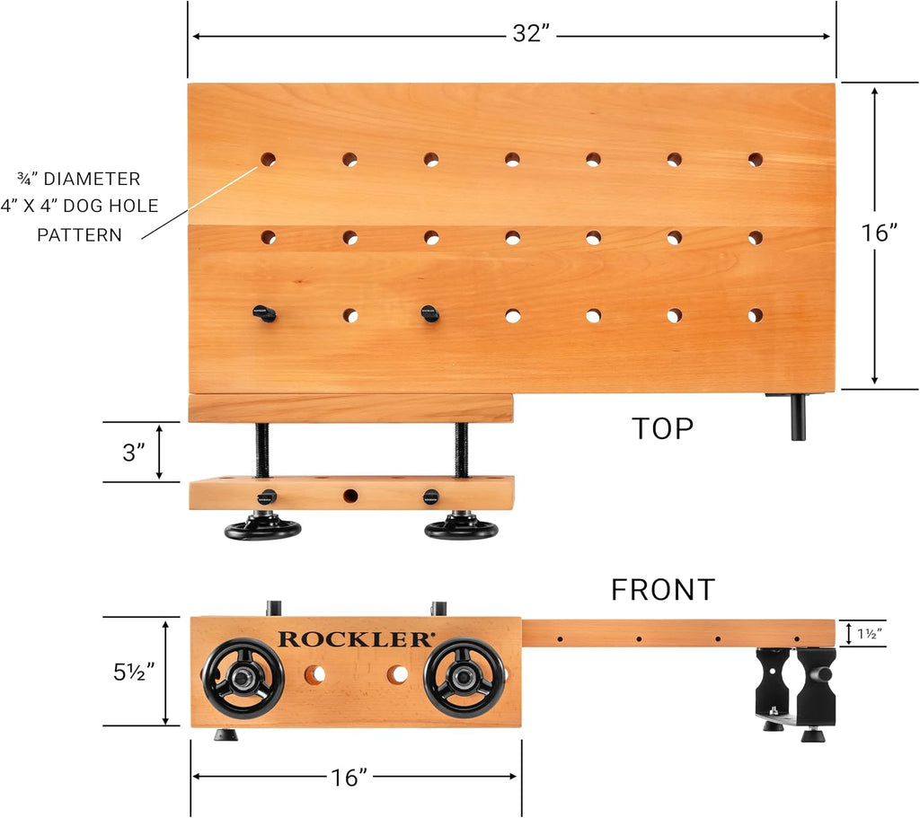 Rockler Handy Bench Portable Woodworking Workbench with Moxon Vise - 16x32 Solid Beech Benchtop, 4x4 Dog Hole Grid - Adjustable Steel Base Brackets, Compact Work Table for Garage or Shop
