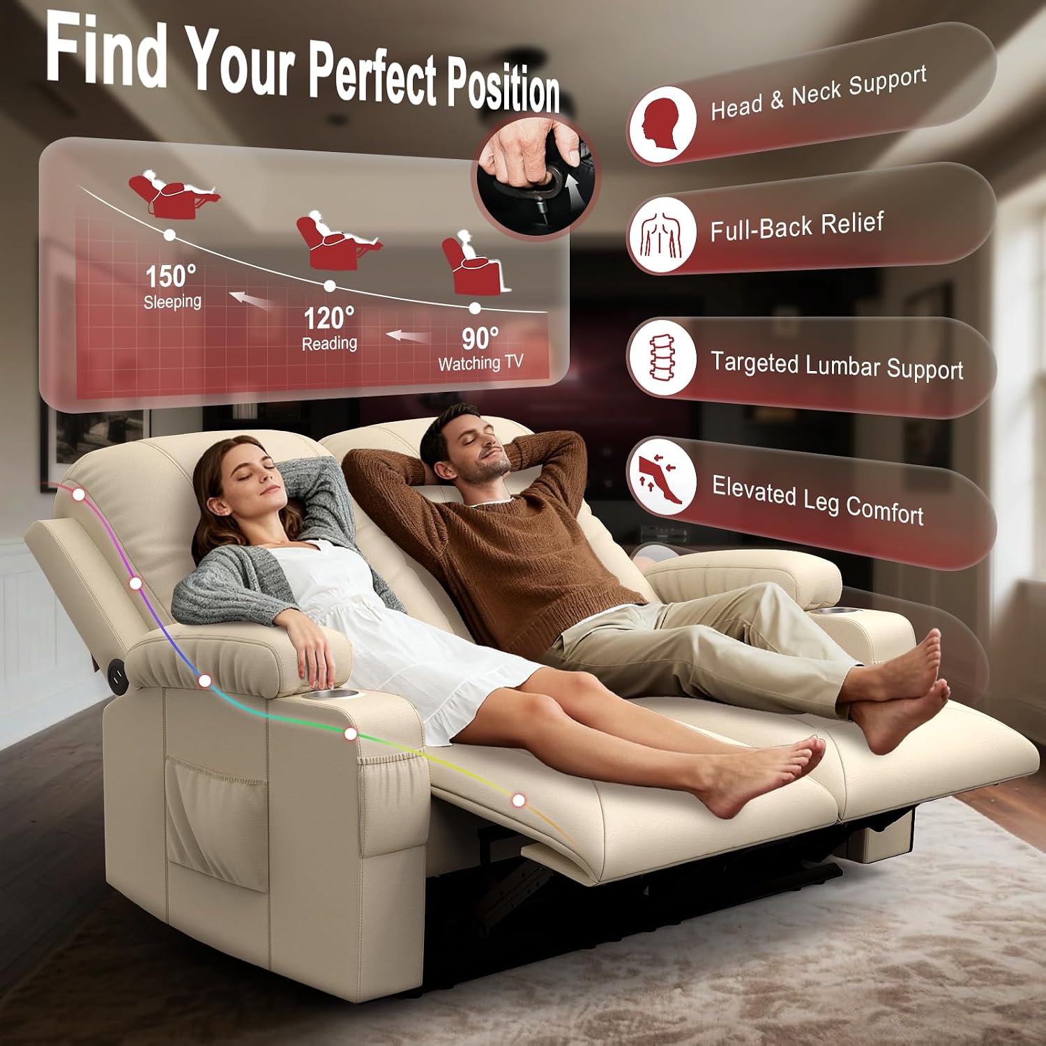 FURNIMAT 2026 Fabric Loveseat Recliner Sofa, 2 Seater Reclining Loveseat Sofa, RV Loveseat Couch, Modern Recliner Chair for Living Room, with Cup Holder and 2 Cell Phone Holders, USB Ports, Beige