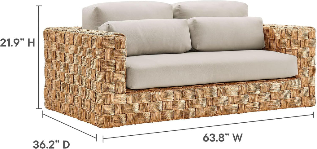 Modway Thames Wicker Rattan Outdoor Loveseat in Natural Light Gray - UV-Resistant Patio Furniture 2-Seater Basket-Weave Sofa Couch - Deep Seat Patio Cushions with 2 Throw Pillows for Backyard, Deck