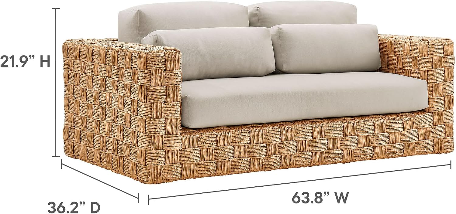Modway Thames Wicker Rattan Outdoor Loveseat in Natural Light Gray - UV-Resistant Patio Furniture 2-Seater Basket-Weave Sofa Couch - Deep Seat Patio Cushions with 2 Throw Pillows for Backyard, Deck