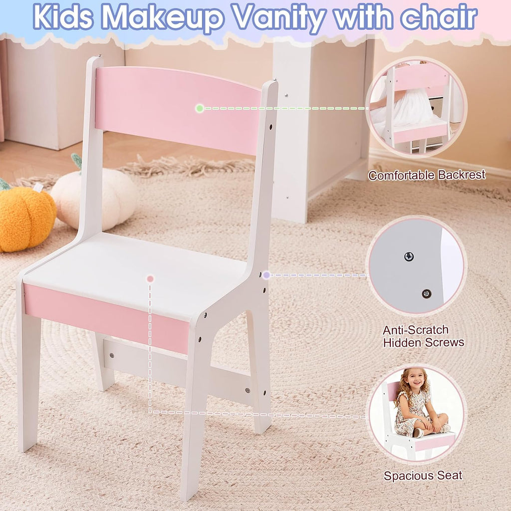 Karl home Kids Vanity Set with Lighted Mirror and Stool, Princess Makeup Vanity Desk with Bookshelf & Drawers, Toddler Dressing Table and Chair Set with Storage Shelves for Little Girls, White