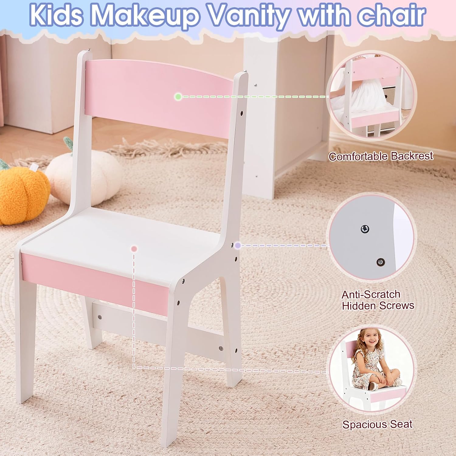 Karl home Kids Vanity Set with Lighted Mirror and Stool, Princess Makeup Vanity Desk with Bookshelf & Drawers, Toddler Dressing Table and Chair Set with Storage Shelves for Little Girls, White