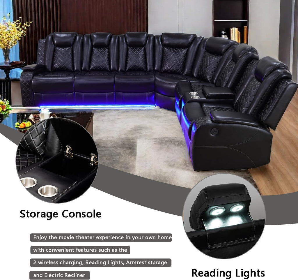 A Ainehome Power Recliner Set, Leather Sectional Sofa Set for Living Room, Home Theater, with LED Lights, Cup Holder, Hide-Away Storage, Wireless Charging(A-Black)