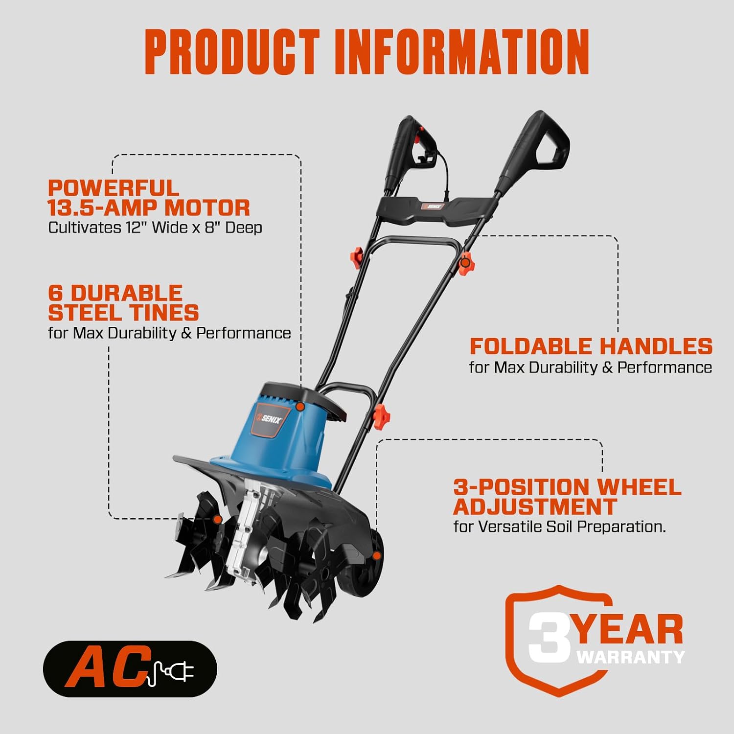 SENIX Electric Corded Garden Tiller & Cultivator, Steel Tines, 13.5 Amp, 16″ Till Width,8″ Till Width 3-Position Wheel Adjustment-Heavy Duty Gardening Machine Equipment for Lawn, Yard, & Grass