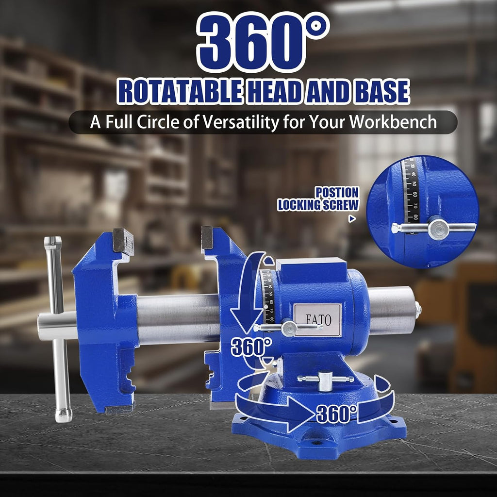 FATO 5 Inch Bench Vise Heavy Duty – Ductile Iron Workbench Vise with 360° Swivel Base & Anvil, 8800 Lbs Clamping Force, 4.92' Jaw Width, 3.94' Opening, for Woodworking, Metalworking, Garage DIY, Blue