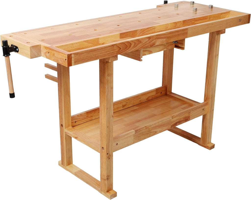 Montary 55' Wood Workbench, Heavy Duty Woodworking Bench with Adjustable Handle, 300Lbs Load Capacity Woodworking Table Work Bench with Drawer & Shelf for Garage, Workshop, Home Storage