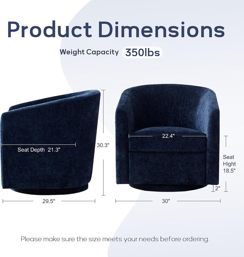 Zihanhome Chenille Swivel Accent Chairs Set of 2, No Assembly Upholstered Armchair, 360°Rotating Barrel Chairs for Living Room, Bedroom, Apartment & Reading Nook (2, Dark Blue)