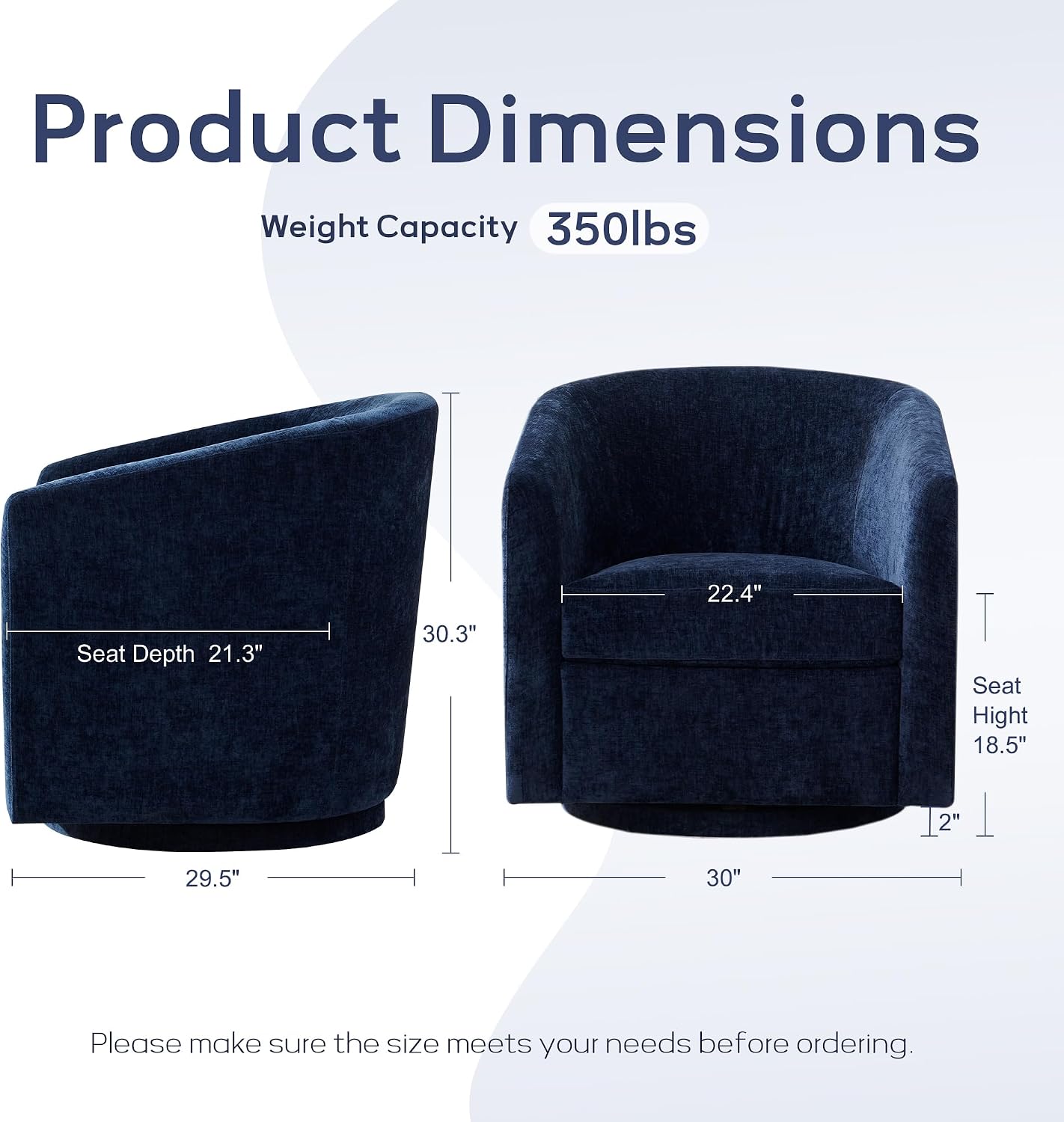 Zihanhome Chenille Swivel Accent Chairs Set of 2, No Assembly Upholstered Armchair, 360°Rotating Barrel Chairs for Living Room, Bedroom, Apartment & Reading Nook (2, Dark Blue)