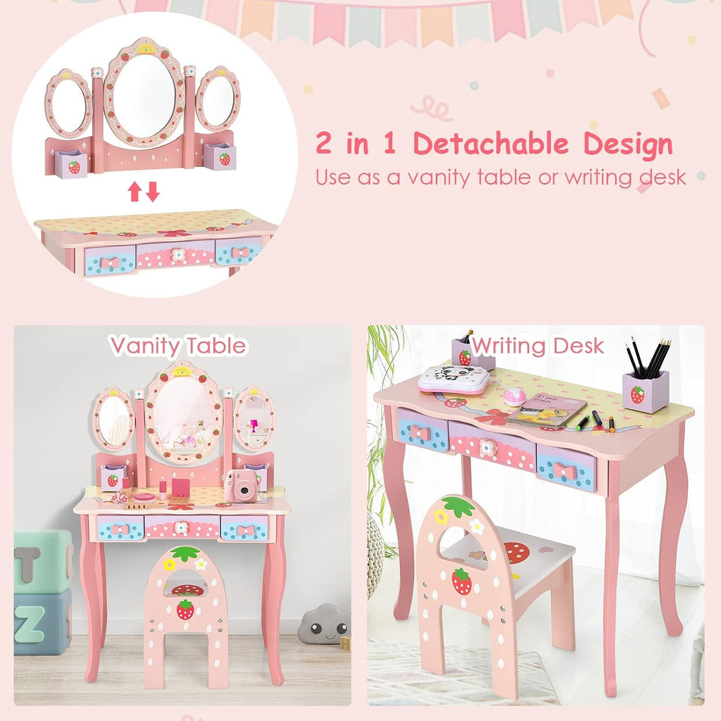 HONEY JOY Kids Vanity, Strawberry Princess Wooden Makeup Dressing Table & Chair Set w/Real Glass Tri-Fold Oval Mirror & Accessories, Detachable Top, Pretend Play Vanity Set for Little Girls(Pink)