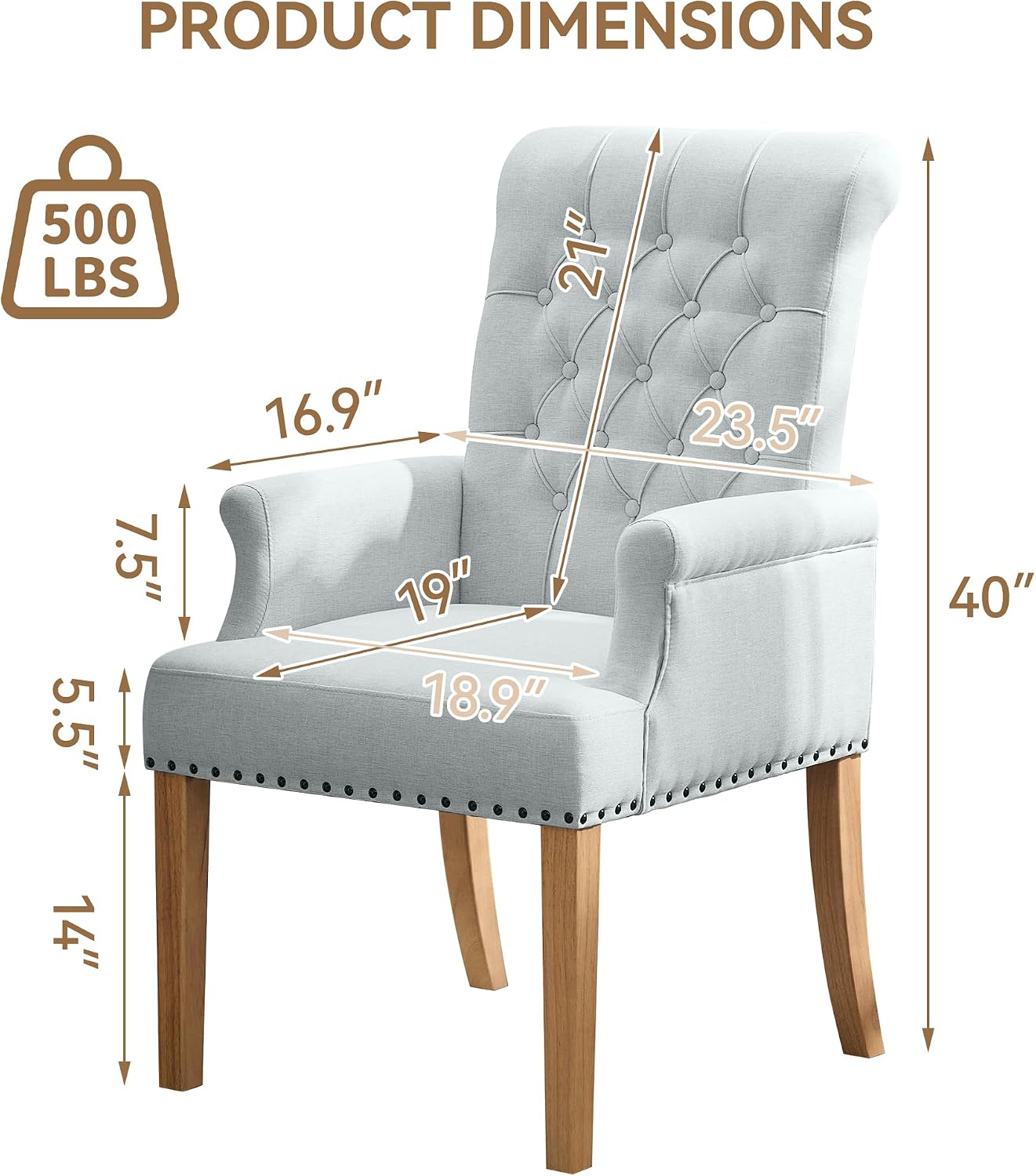 WUTUTUEE Fabric Dining Chair with Arms, Upholstered Tufted High Back Dining Room Chairs, Accent Armchair with Solid Wood Leg and Nailhead Trim, Kitchen Dining Living Room, Sky Blue