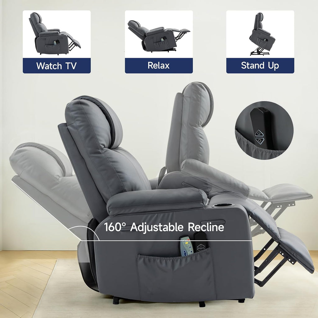 Brage Living Power Lift Recliner Chair for Elderly with Massage & Heat, PU Leather Electric Recliner with 160° Adjustable Recline, Stand Assist, Remote Control, USB Charge Port, Cup Holders (Gray)