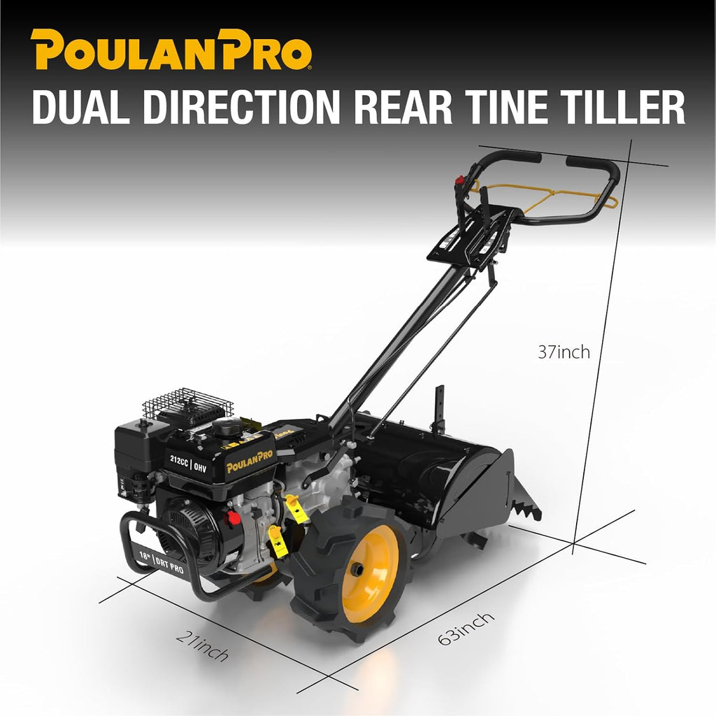 Poulan Pro Dual Direction Rear Tine Tiller, 212cc 4 Cycle Gas Engine, Full Gear Transmission, Dual Rotating Tines, Airless Tires, Instant Reverse 18 Inch Gas Tiller for Gardon and Farm