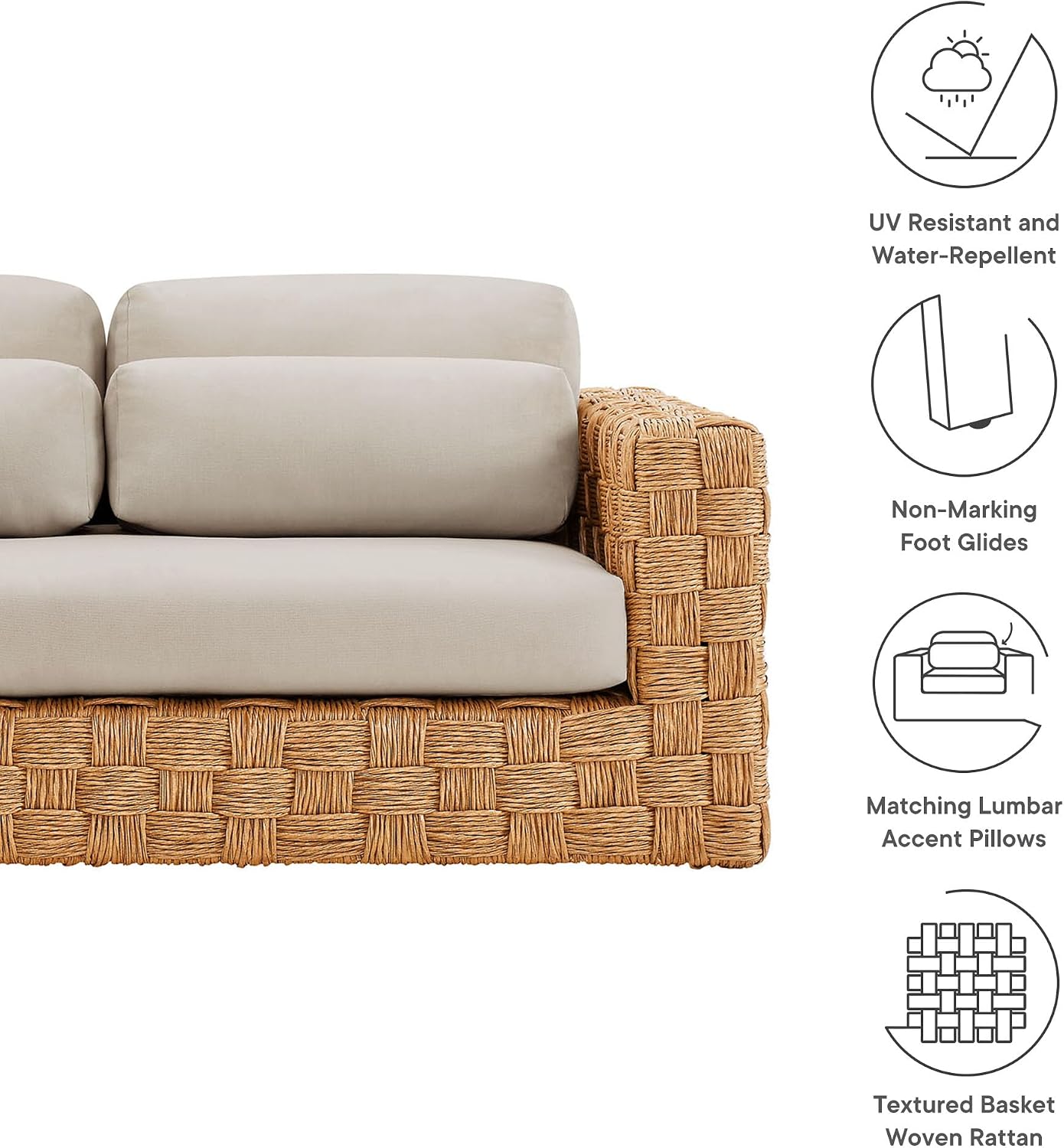 Modway Thames Wicker Rattan Outdoor Loveseat in Natural Light Gray - UV-Resistant Patio Furniture 2-Seater Basket-Weave Sofa Couch - Deep Seat Patio Cushions with 2 Throw Pillows for Backyard, Deck