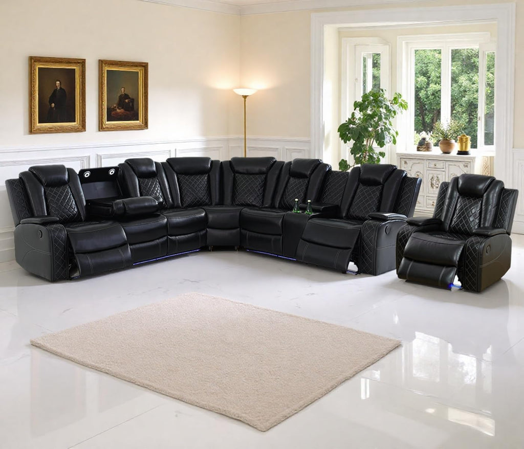 Living Room Furniture Sets, Power Recliner Sectional Sofa Set, Black Leather Sectional Reclining Couch Power Reclining Sofa with 4 Recliners/LED Light/Storage Console for Living Room