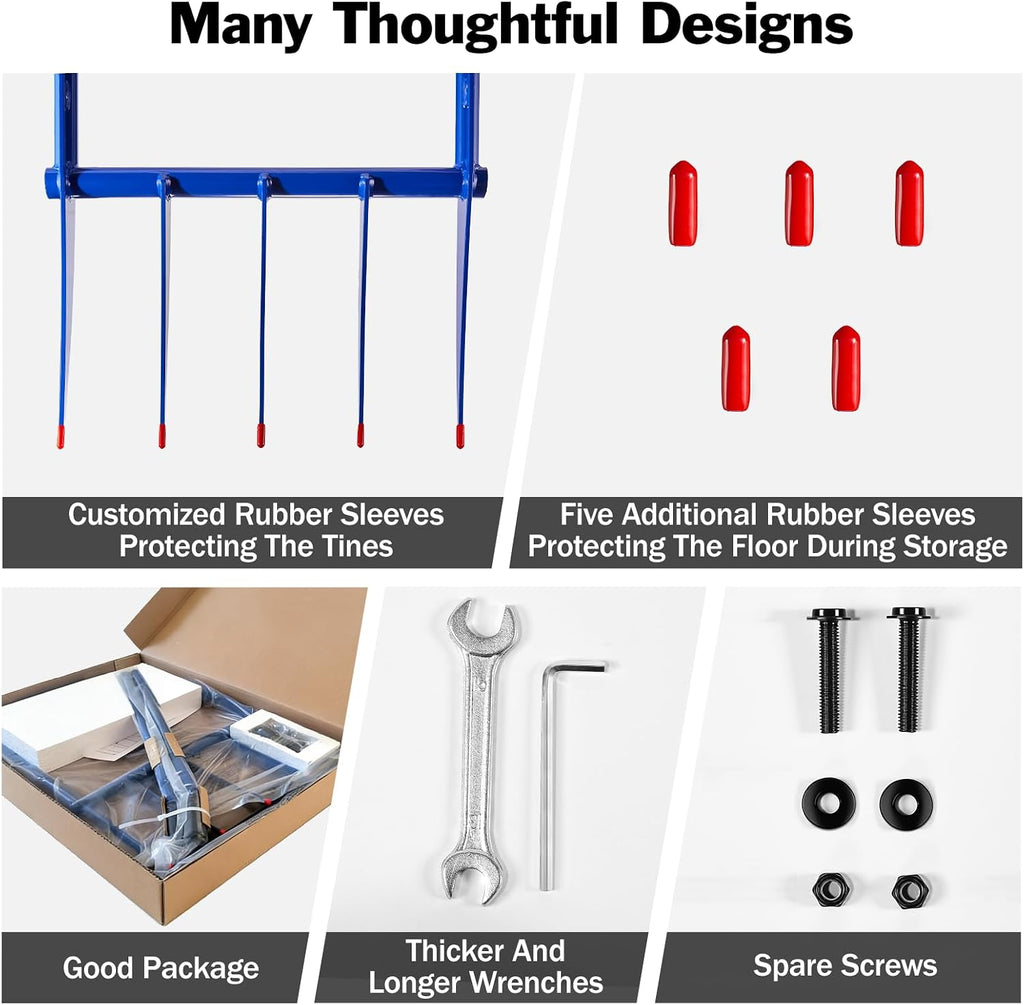 56'' Heavy Duty Broadfork for All the Soils, Unbreakable Design Pitchfork, 5 Sharp and Cambered 11'' Tines Bord Fork Garden Tool, Ergonomic Handles, Good Package, Easy Assembly, Blue.